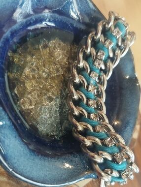 Teal and Silver 3 Link Chain Silver Statement  Bracelet with Crystal Accents